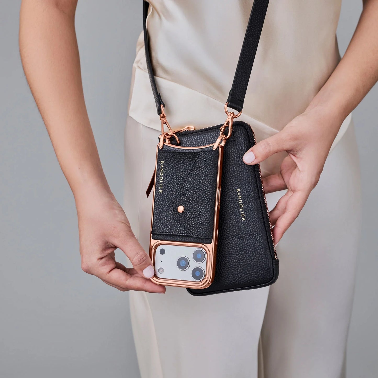 Pebble Leather Expanded Zip Pouch - Black/Rose Gold