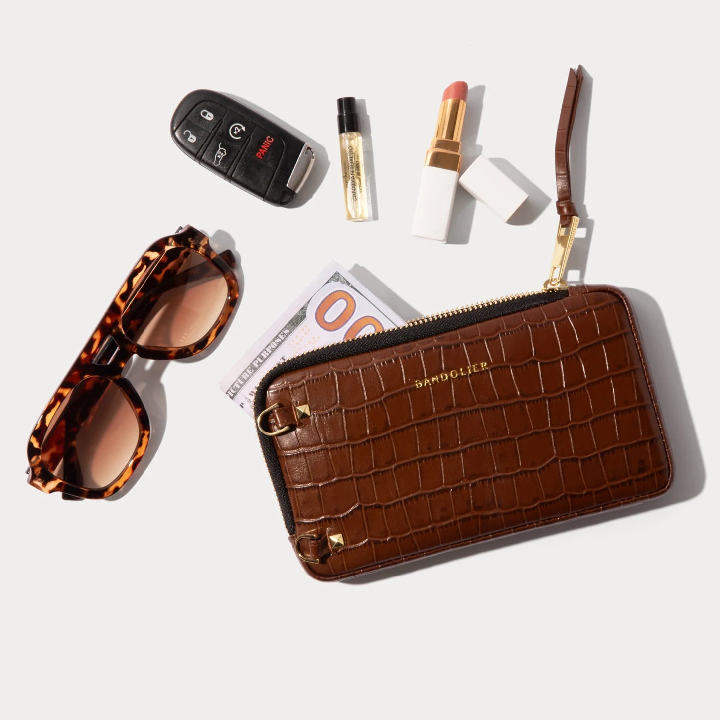 Remi Magnet Wallet Crossbody Phone Case Pouch Set - Brown Croc/Gold