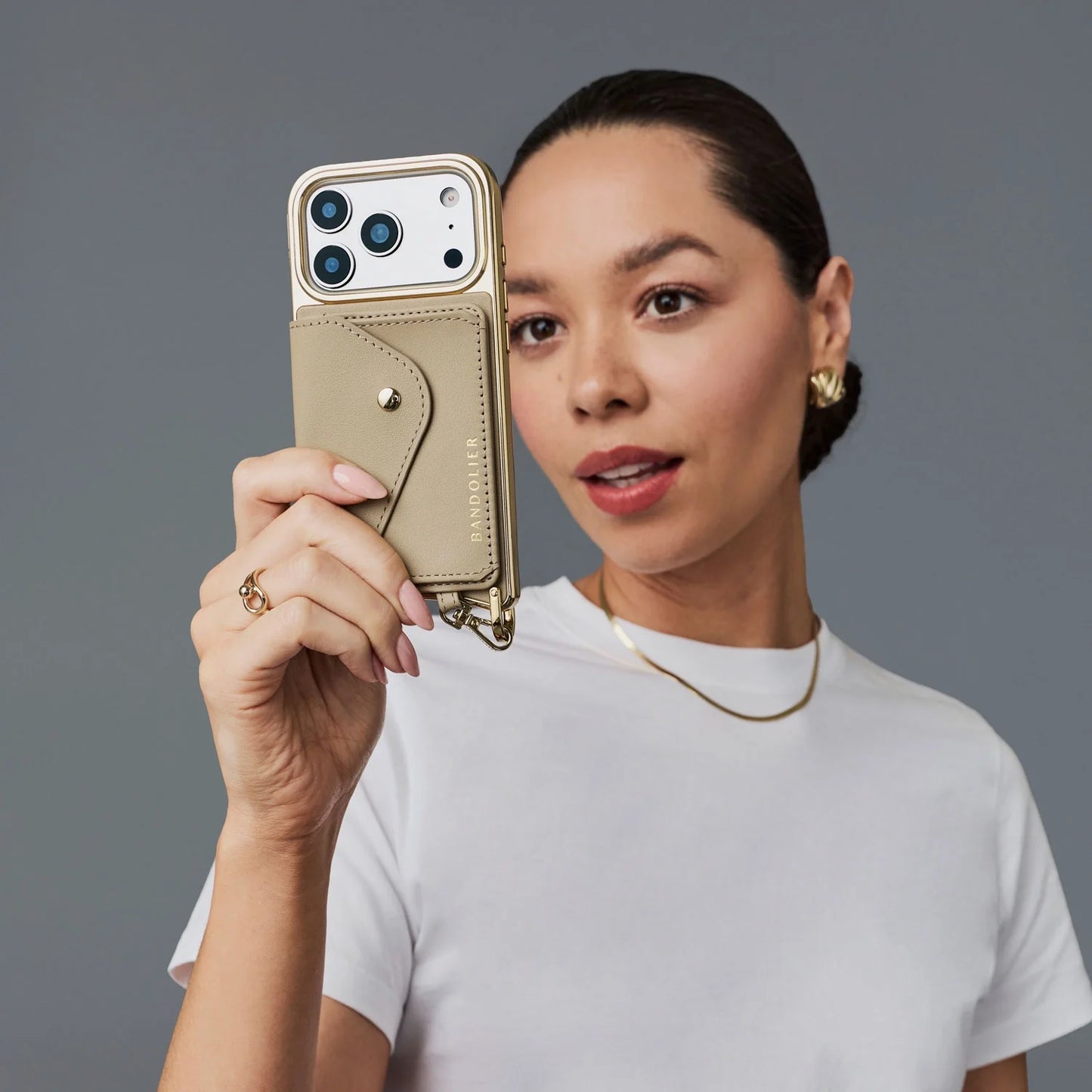 Remi Chrome Magnet Wallet Crossbody Phone Case - Khaki/Chrome Gold