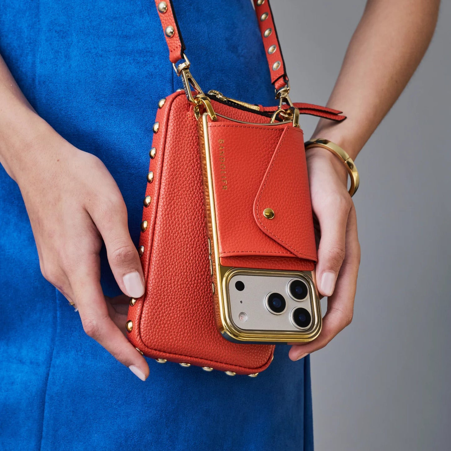 Round Studded Expanded Pouch - Orange/Gold