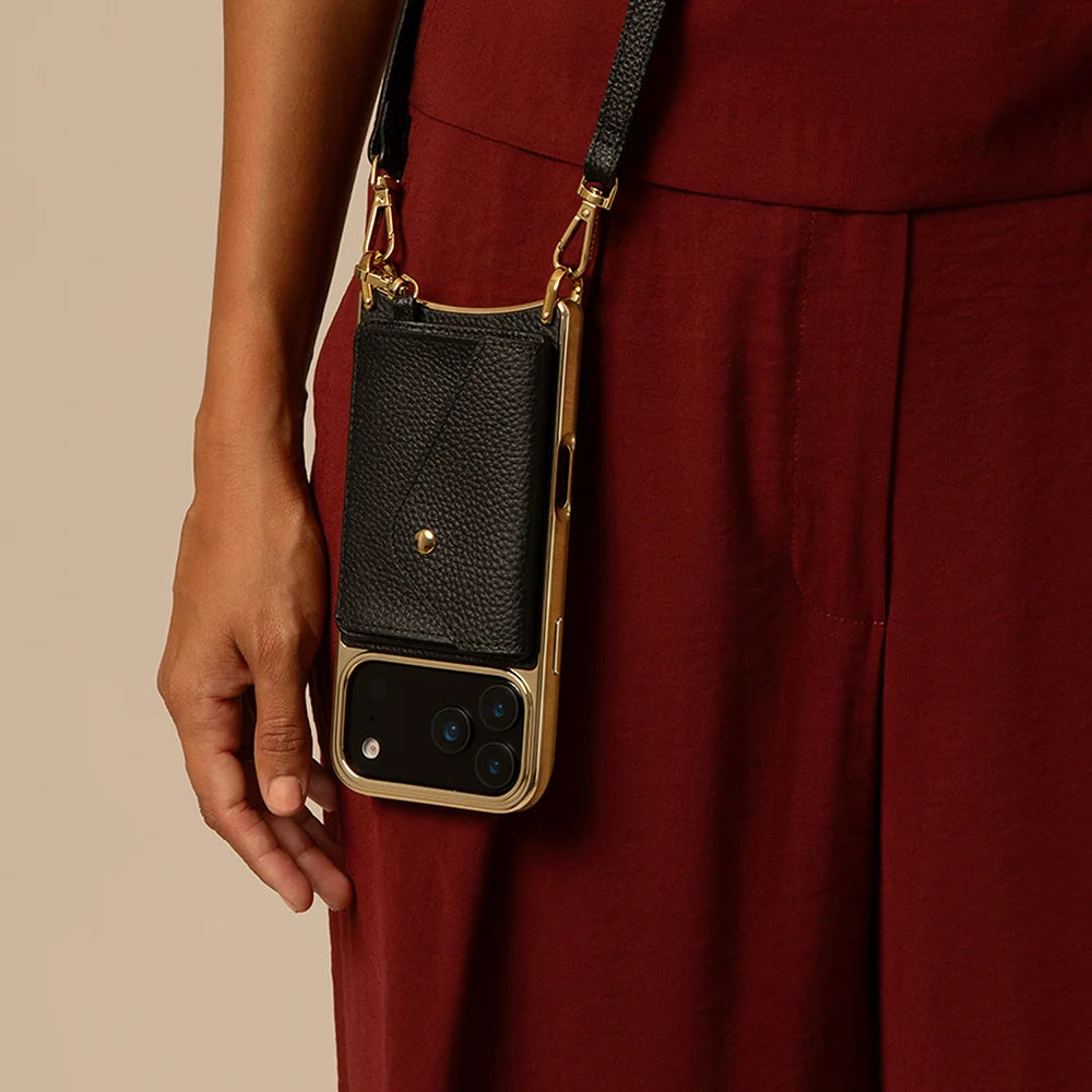 Remi Chrome Magnet Wallet Crossbody Phone Case - Black Chrome/Gold