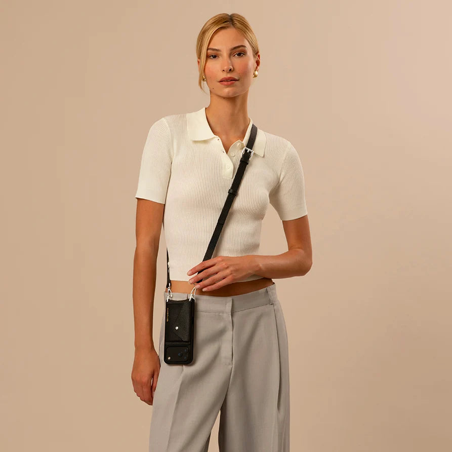 Hailey Side Slot Leather Crossbody Bandolier - Black/Silver