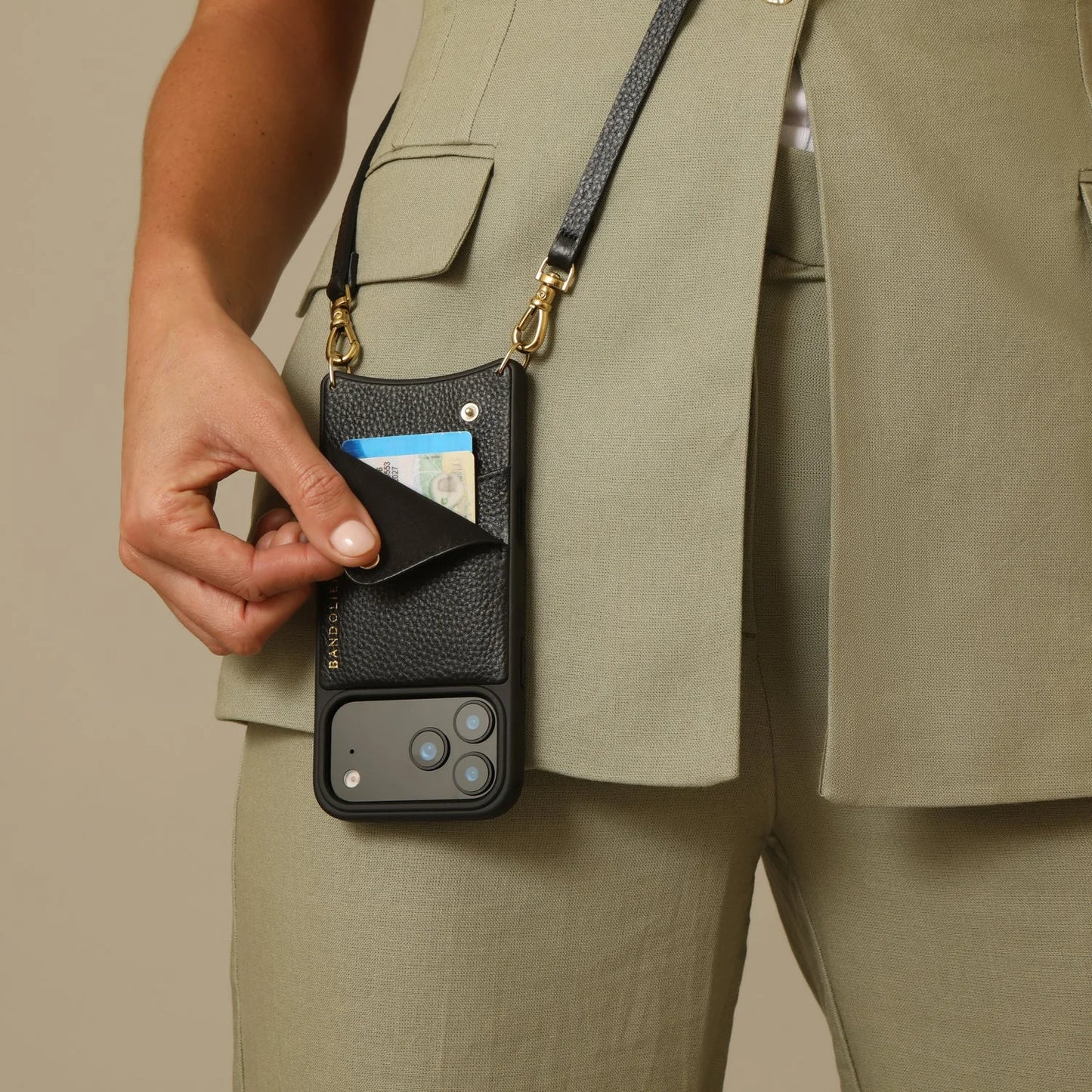 Emma Pebble Leather Crossbody Bandolier - Black/Gold