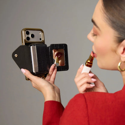 Add-On Mirror Magnet Wallet - Black Croc/Gold