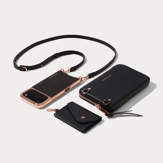 Remi Magnet Wallet Crossbody Phone Case Pouch Set - Black/Chrome Rose Gold