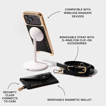 Remi Magnet Wallet Crossbody Phone Case Pouch Set - Black Croc/Gold