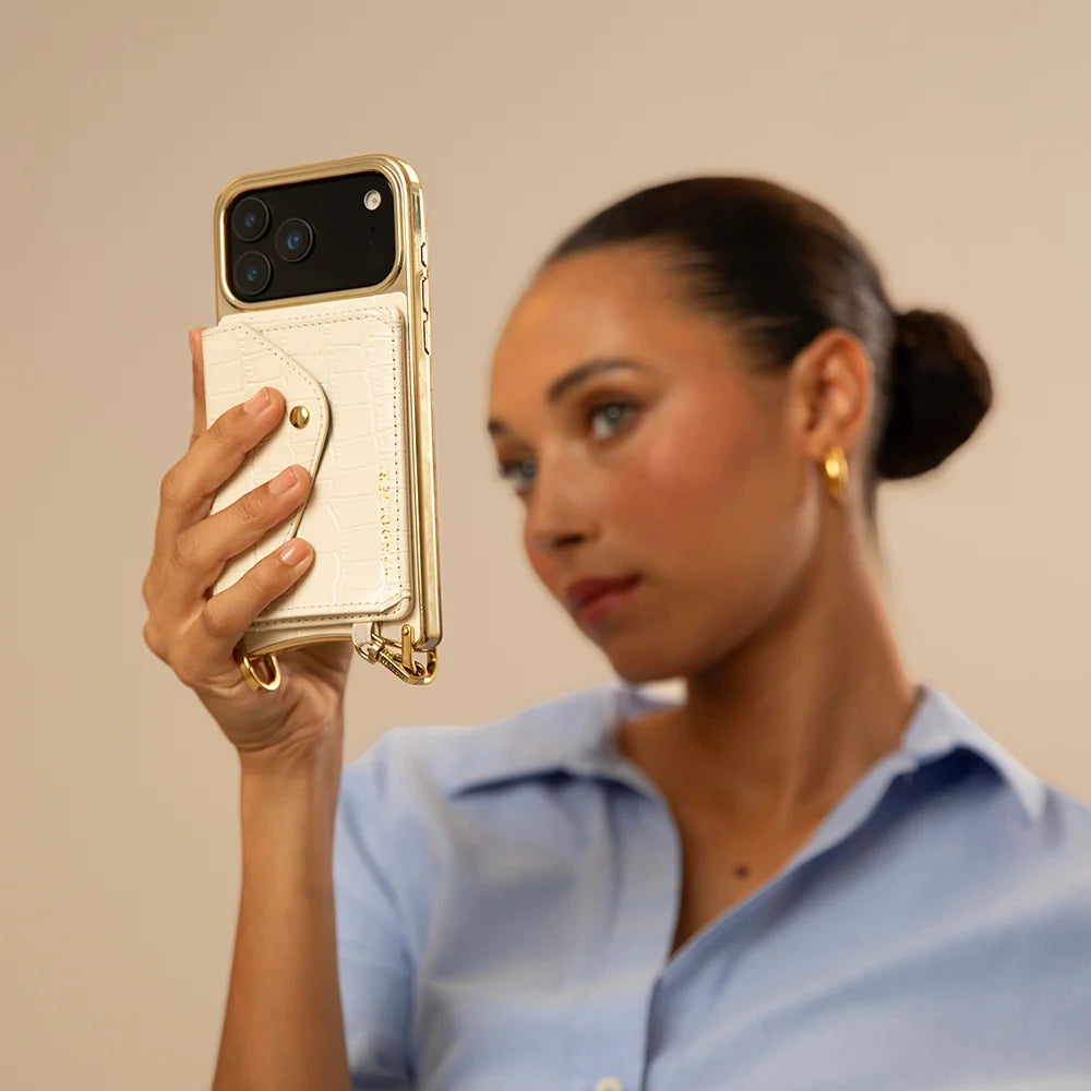 Remi Magnet Wallet Crossbody Phone Case Essentials Set - Ivory Croc/Gold