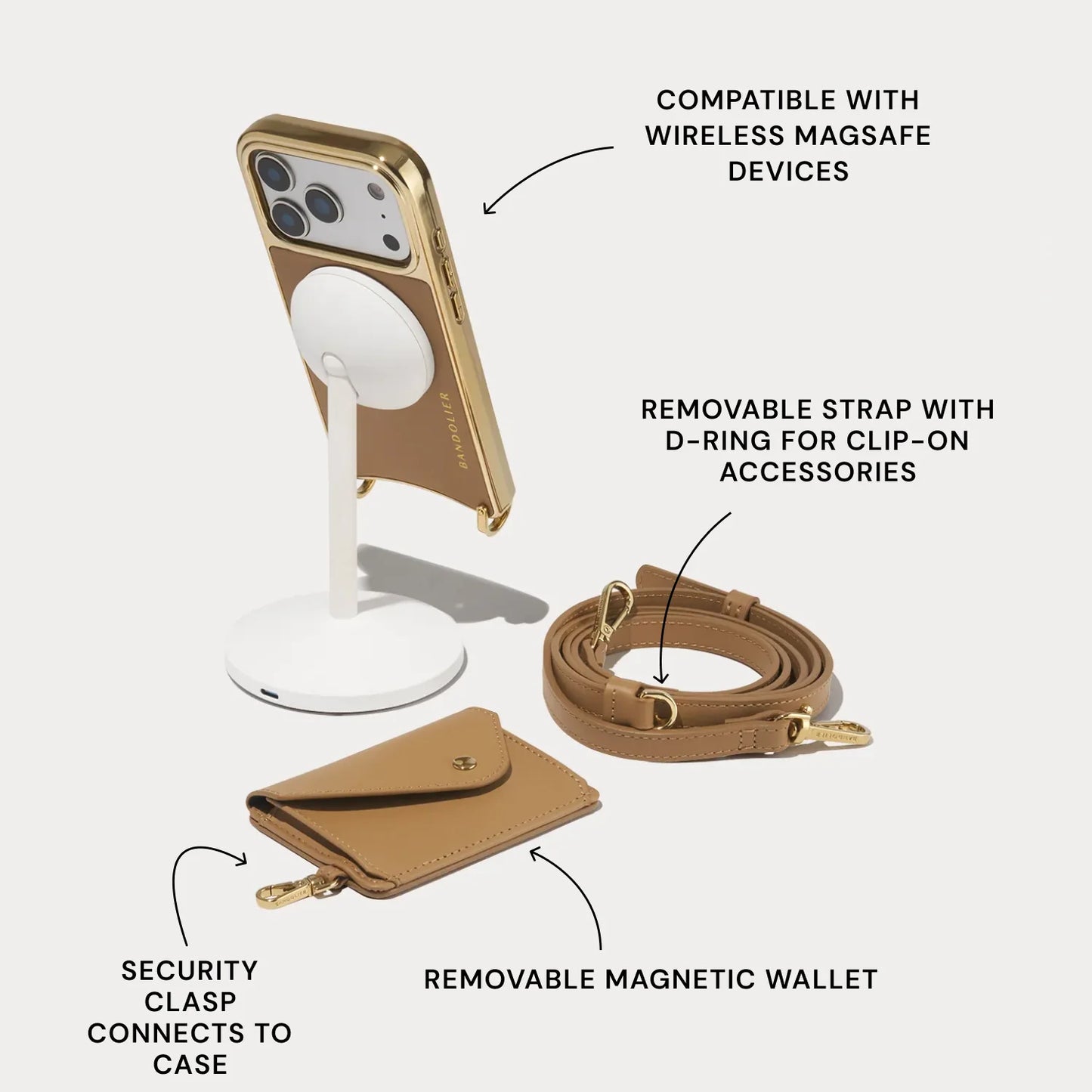 Remi Chrome Magnet Wallet Crossbody Phone Case - Tan/Chrome Gold