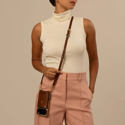 Remi Magnet Wallet Crossbody Phone Case - Brown Croc/Gold