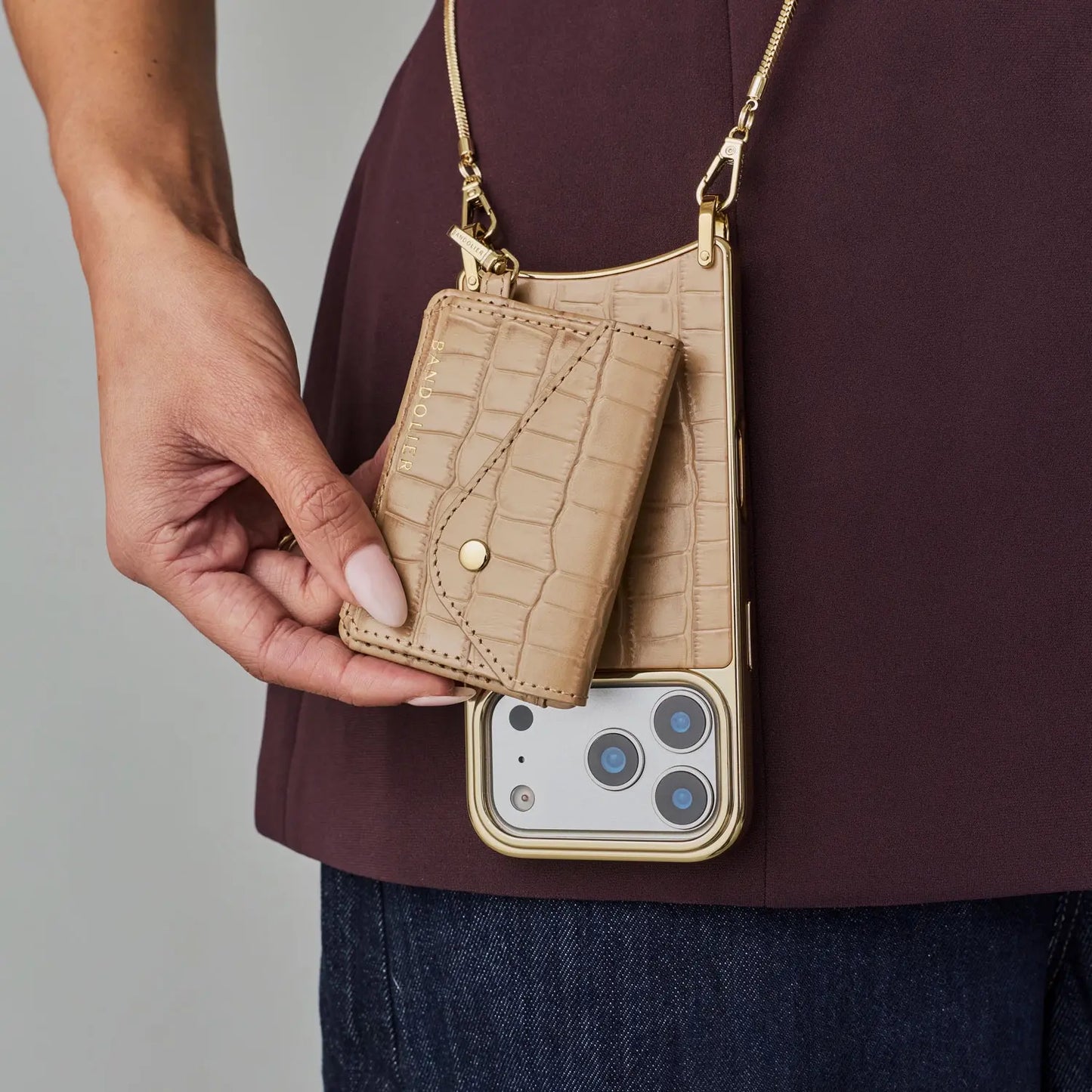 Remi Chain Chrome Magnet Wallet Crossbody Phone Case - Tan Croc/Chrome Gold