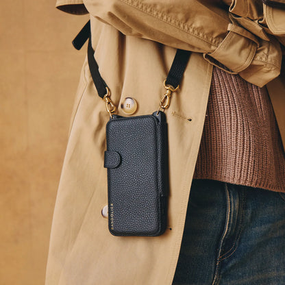Hailey Folio Pebble Leather Crossbody Bandolier - Black/Gold