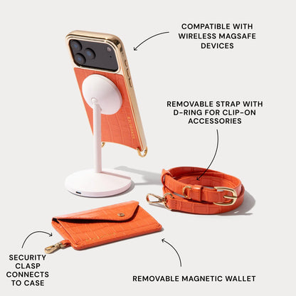 Remi Magnet Wallet Crossbody Phone Case - Orange Croc/Gold