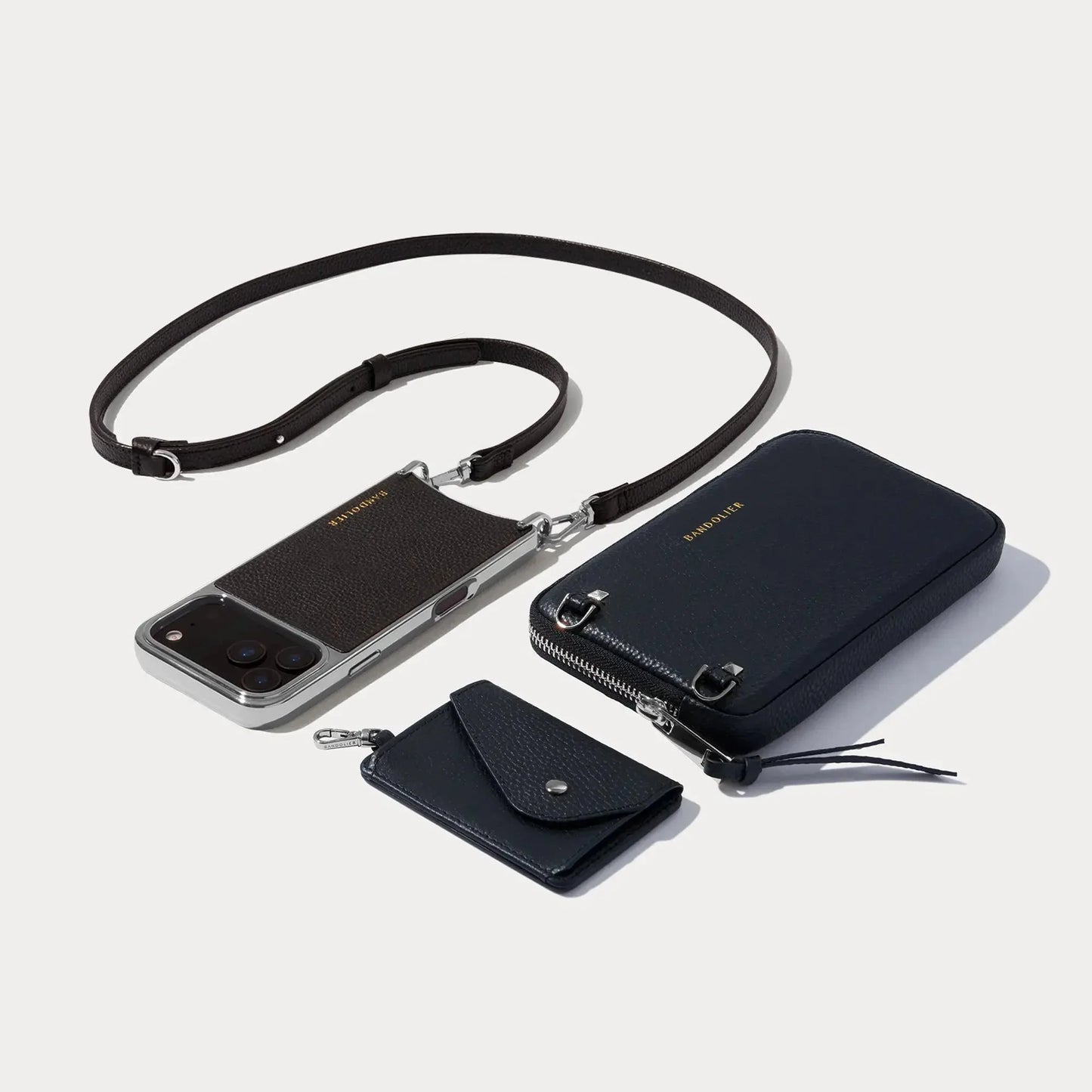 Remi Magnet Wallet Crossbody Phone Case Pouch Set - Black/Chrome Silver