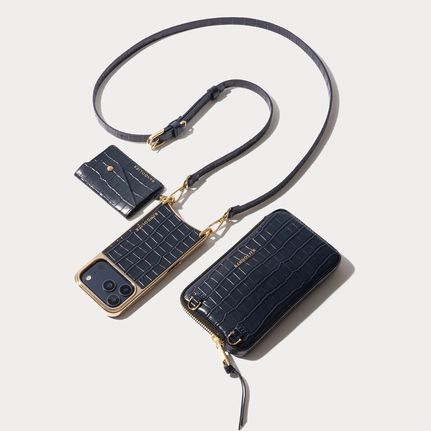 Remi Magnet Wallet Crossbody Phone Case Pouch Set - Navy Croc/Gold