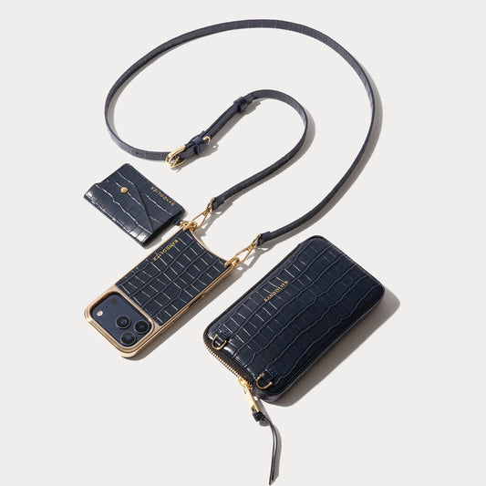 Remi Magnet Wallet Crossbody Phone Case Pouch Set - Navy Croc/Gold