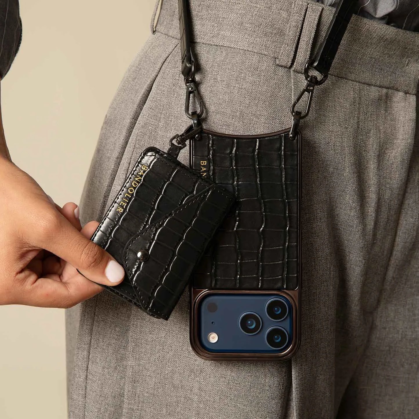 Remi Magnet Wallet Crossbody Phone Case - Black Croc/Pewter