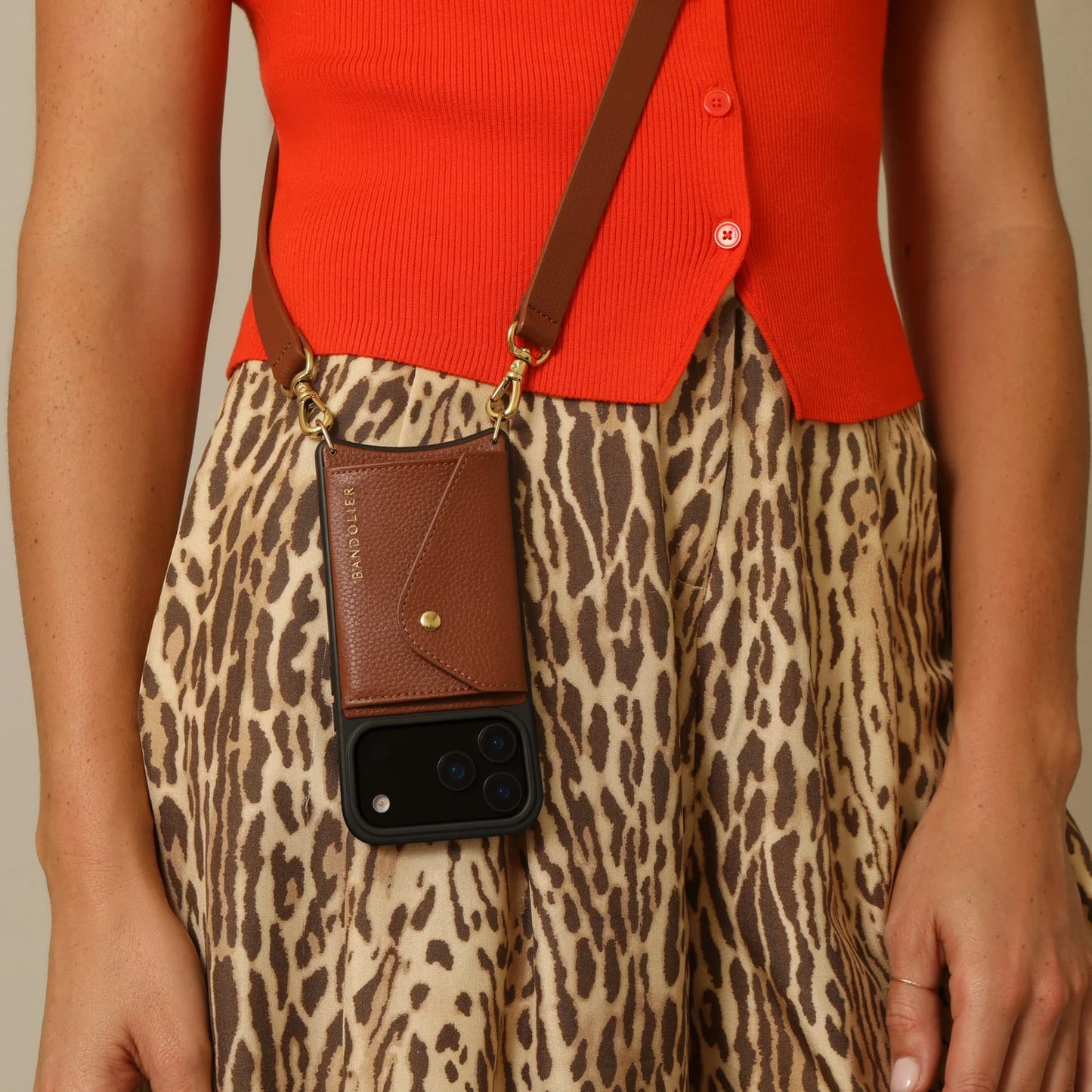 Hailey Side Slot Leather Crossbody Bandolier - Cognac/Gold