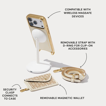 Mira Chrome Magnet Wallet Crossbody Phone Case - Ivory Tan/Chrome Gold