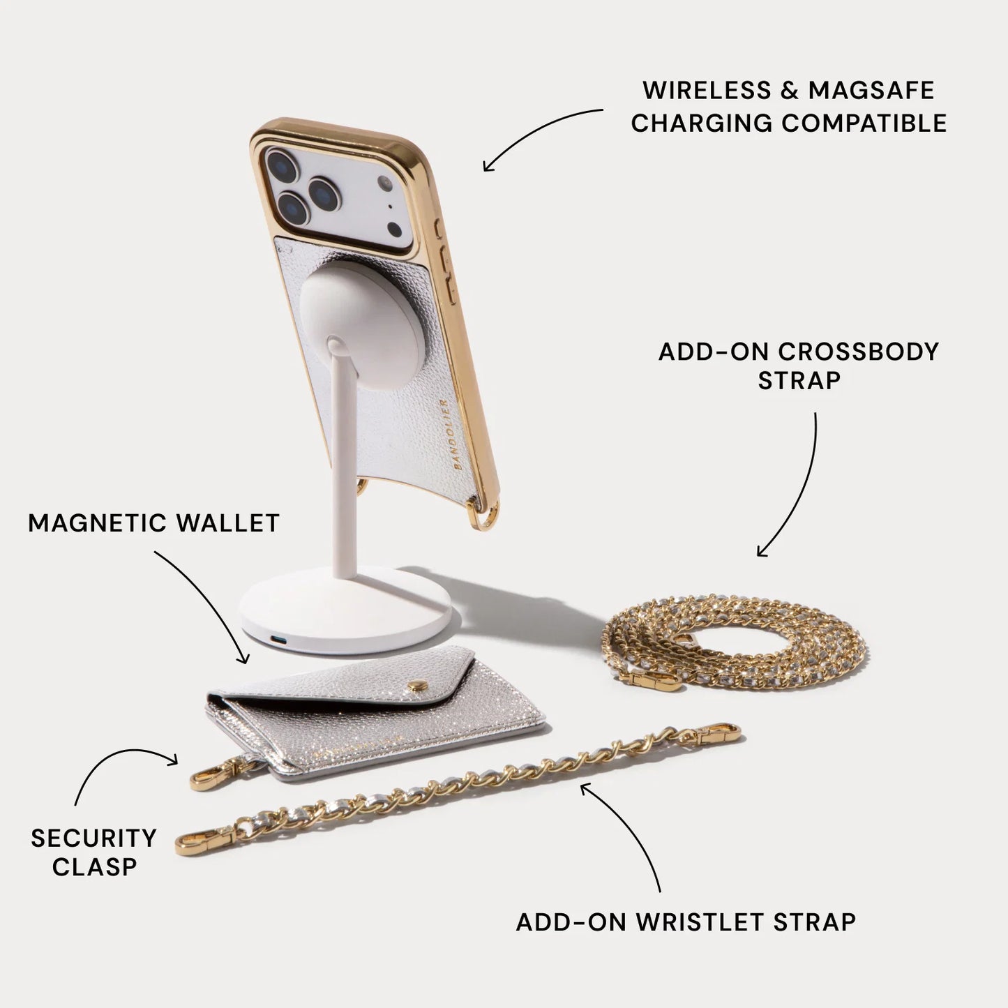 Rae Magnet Duet Wallet Crossbody Phone Case - Metallic Silver/Chrome Gold