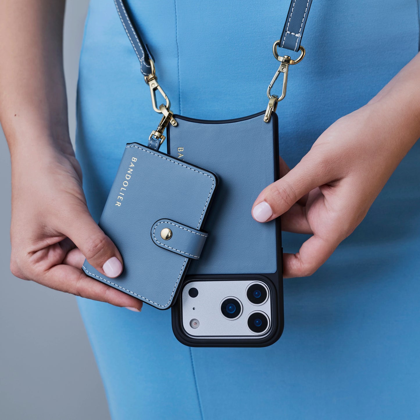 Ivy Magnet Wallet Crossbody Phone Case - Dusty Blue/Gold