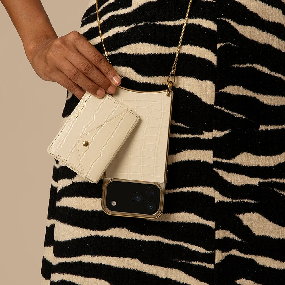 Remi Chrome Magnet Wallet Crossbody Phone Case - Ivory Croc/Gold