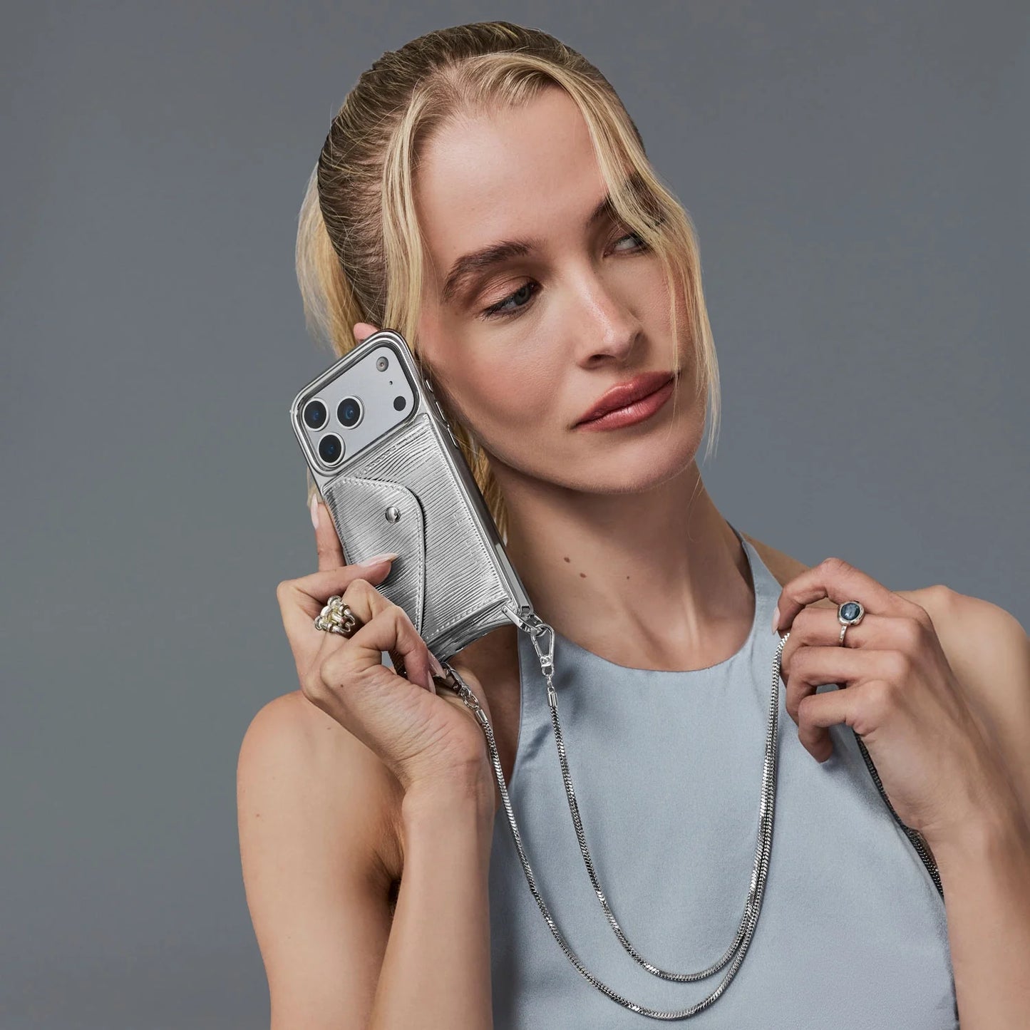 Gia Chrome Crossbody Phone Case - Silver Wave/Chrome Silver