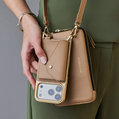Remi Magnet Wallet Crossbody Phone Case Pouch Set - Tan/Chrome Gold