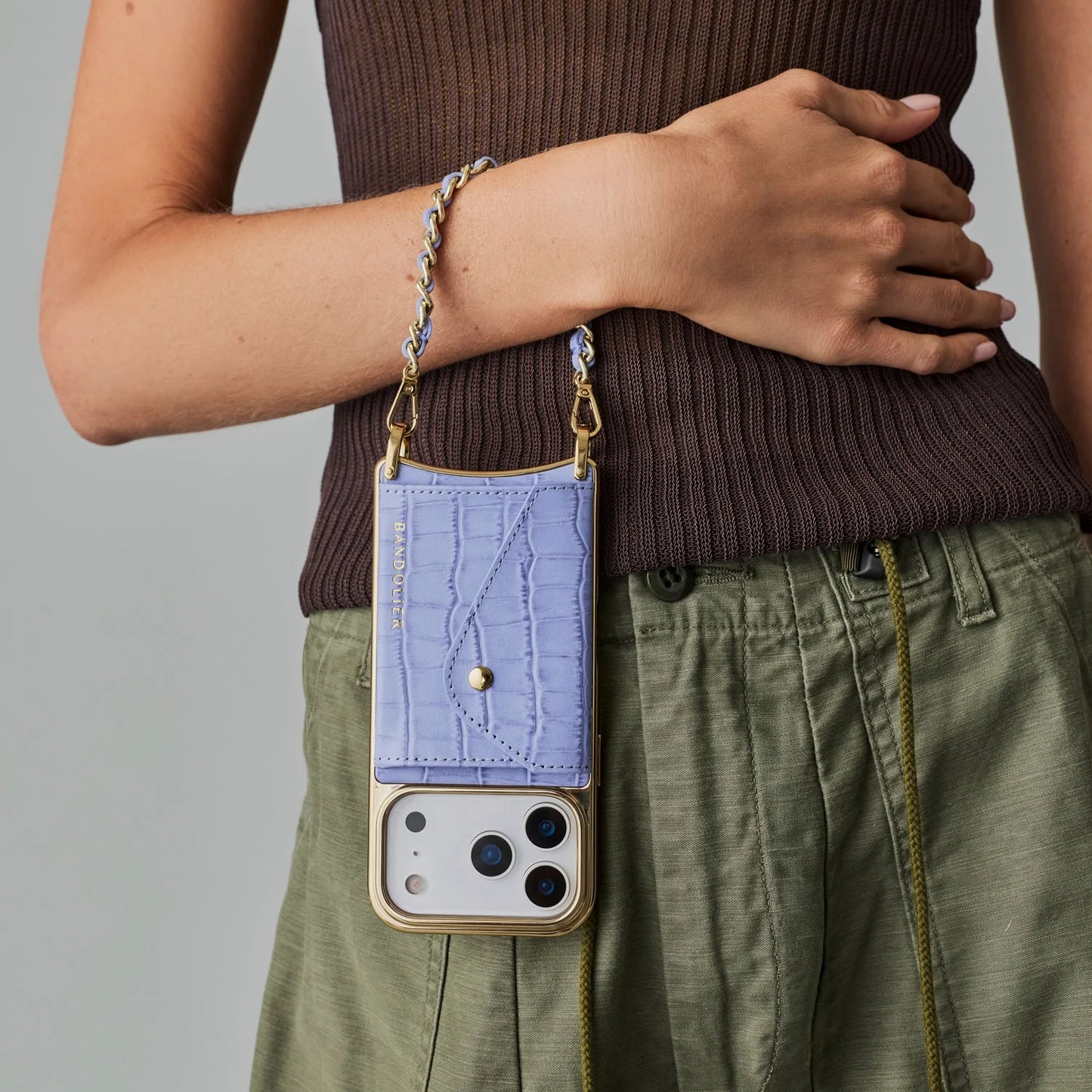 Lily Chrome Side Slot Leather Crossbody Bandolier Set - Lavender Croc/Chrome Gold