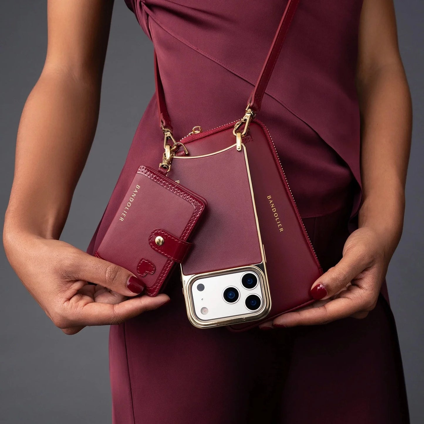 Ivy Pouch Set - Cranberry/Gold