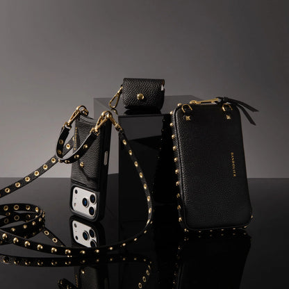 Round Studded Expanded Pouch - Black/Gold