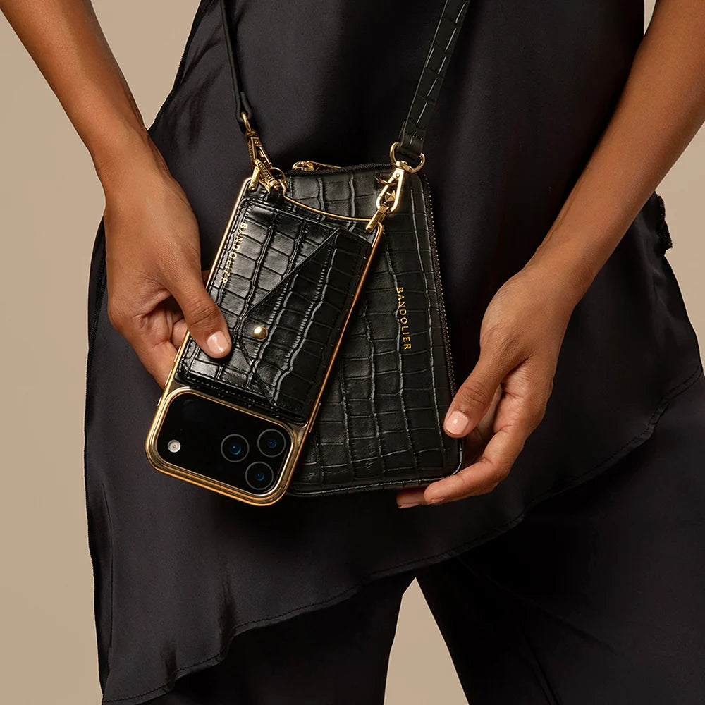 Remi Magnet Wallet Crossbody Phone Case Pouch Set - Black Croc/Gold