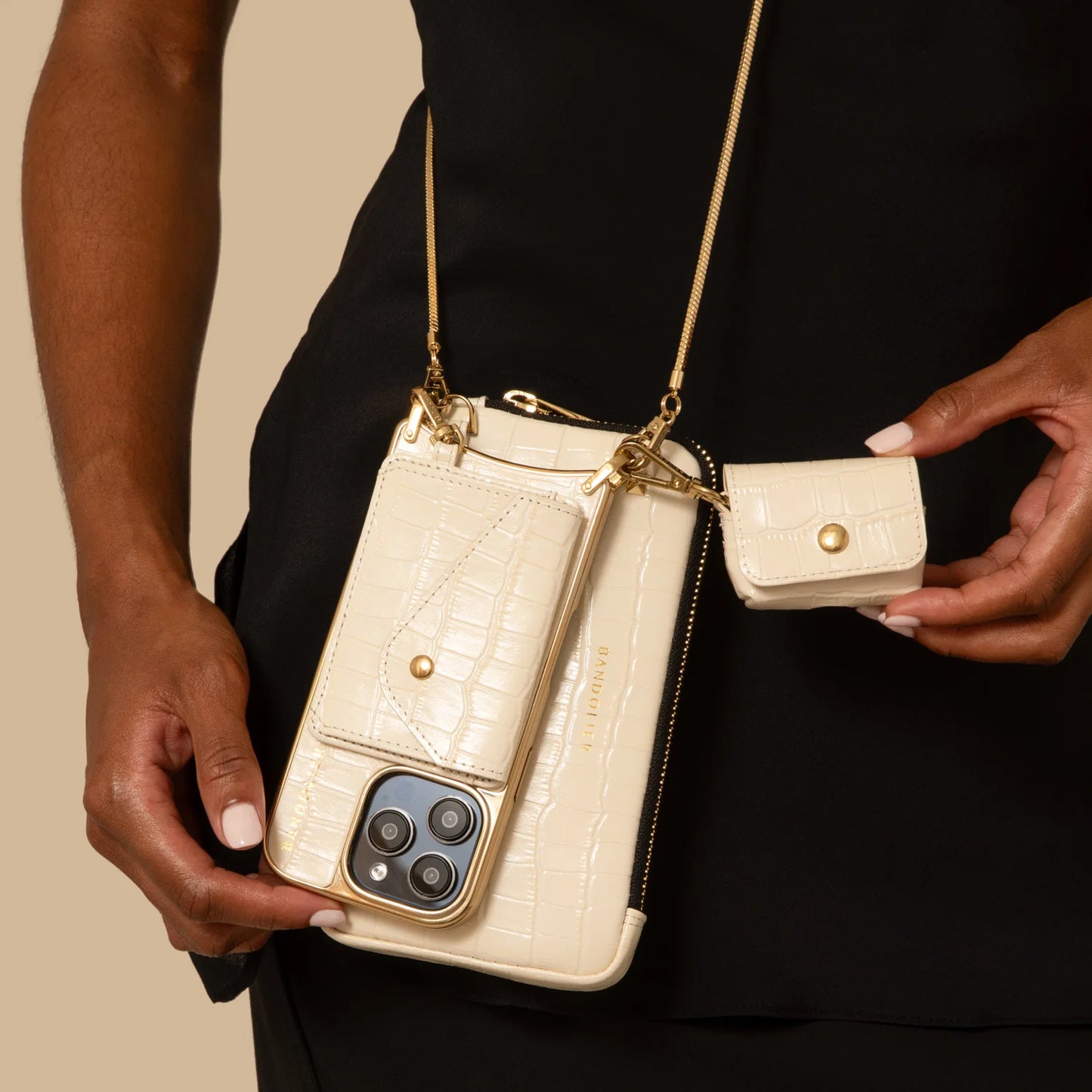 Avery AirPods Clip-On Pouch - Ivory Croc/Gold