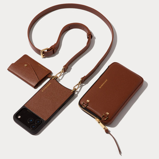 Remi Magnet Wallet Crossbody Phone Case Pouch Set - Cognac/Gold
