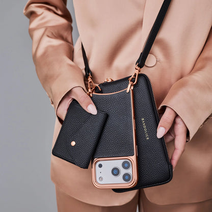 Remi Magnet Wallet Crossbody Phone Case Pouch Set - Black/Chrome Rose Gold