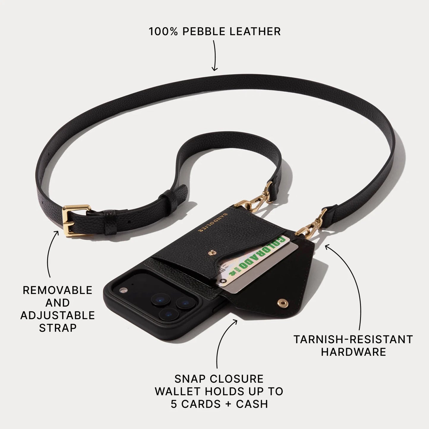 Hailey Side Slot Leather Crossbody Bandolier - Black/Gold