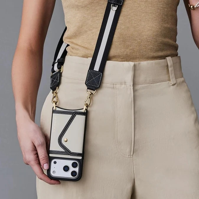 Brooke Canvas Crossbody Phone Case - Cream Black/Gold