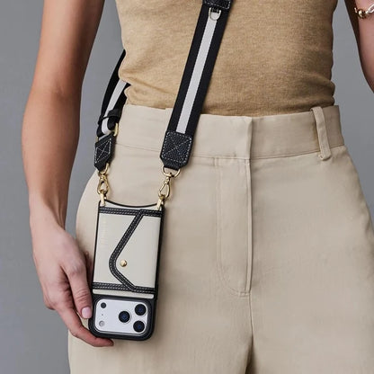 Brooke Canvas Crossbody Phone Case - Cream Black/Gold