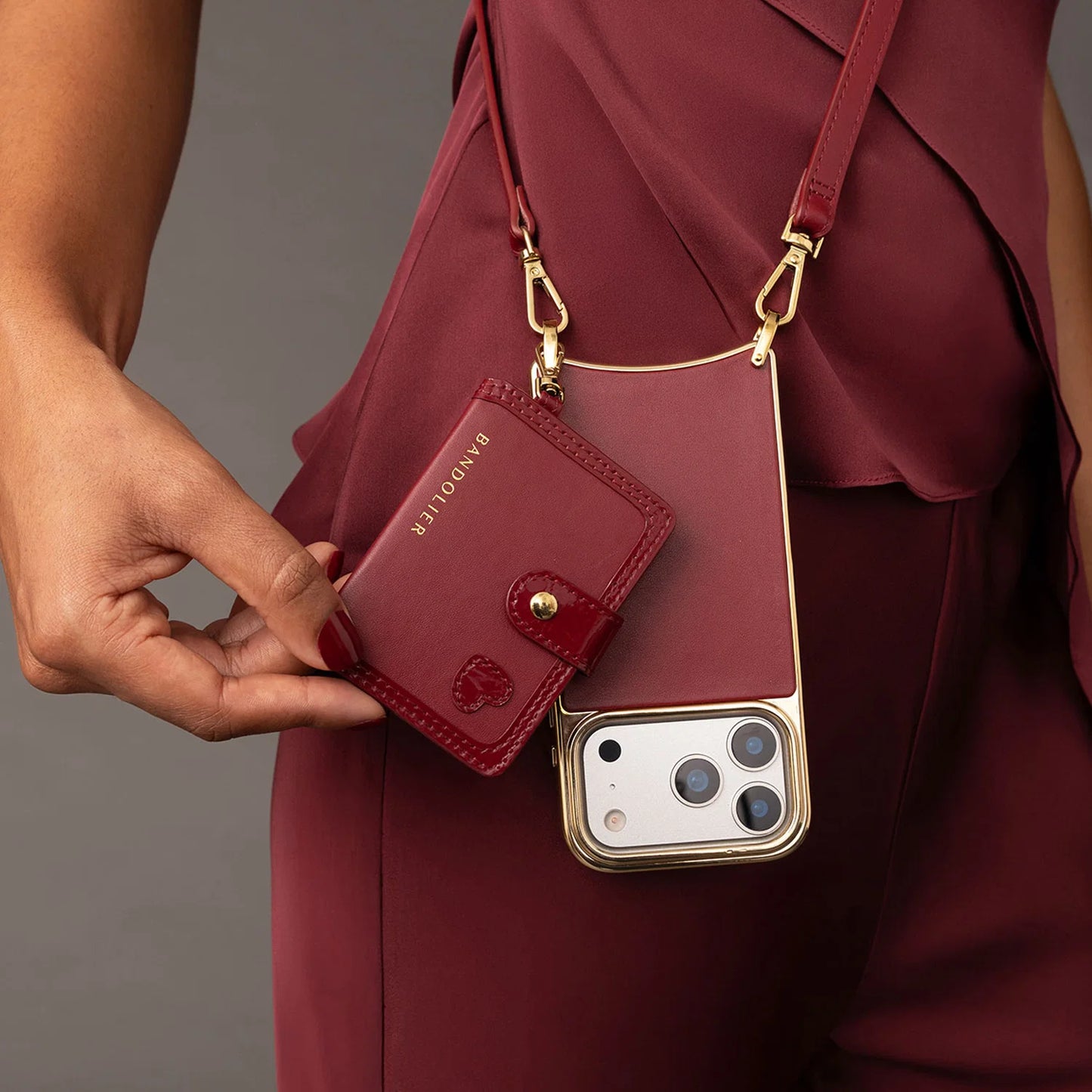 Ivy Magnet Wallet Crossbody Phone Case - Cranberry/Gold