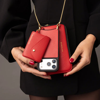 Pebble Leather Expanded Zip Pouch - Red/Gold