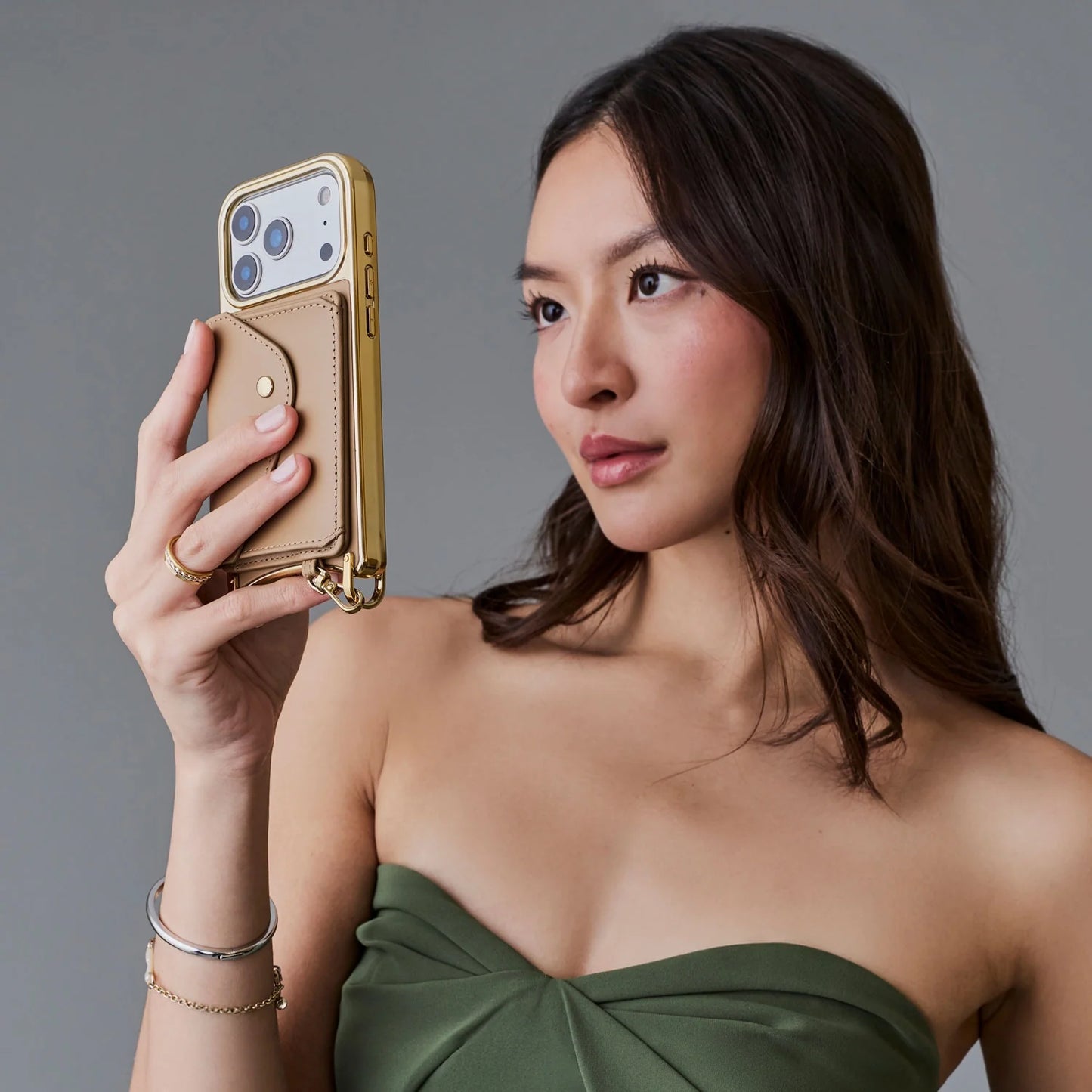 Remi Magnet Wallet Crossbody Phone Case Pouch Set - Tan/Chrome Gold