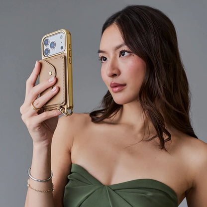 Remi Magnet Wallet Crossbody Phone Case Pouch Set - Tan/Chrome Gold