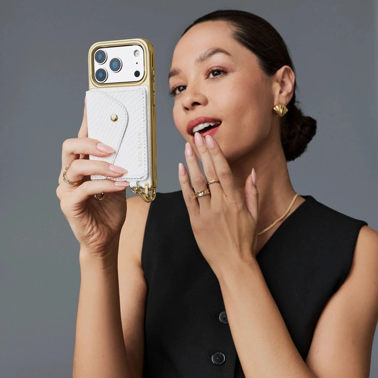 Remi Chrome Magnet Wallet Crossbody Phone Case - White Snake/Gold