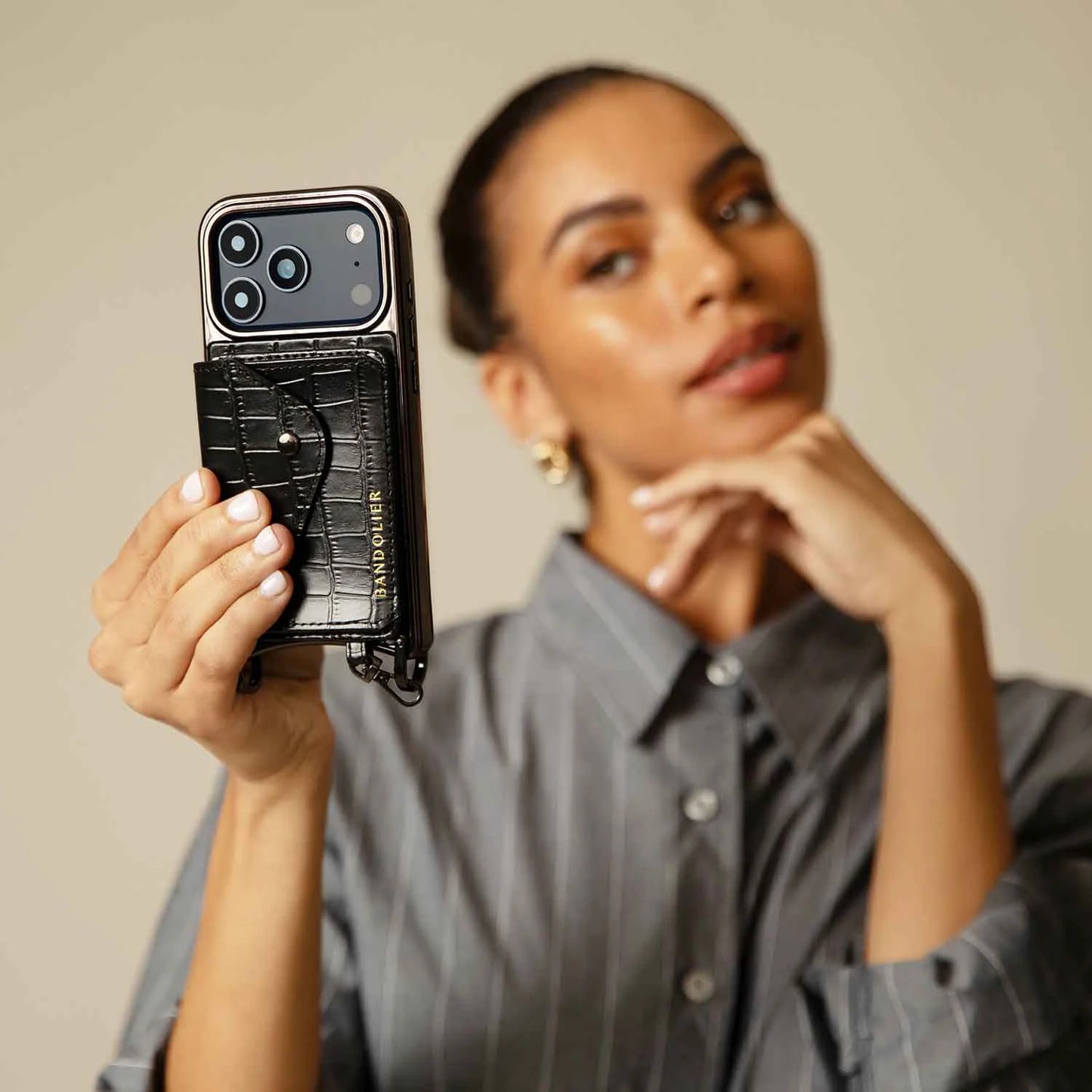 Remi Magnet Wallet Crossbody Phone Case - Black Croc/Pewter