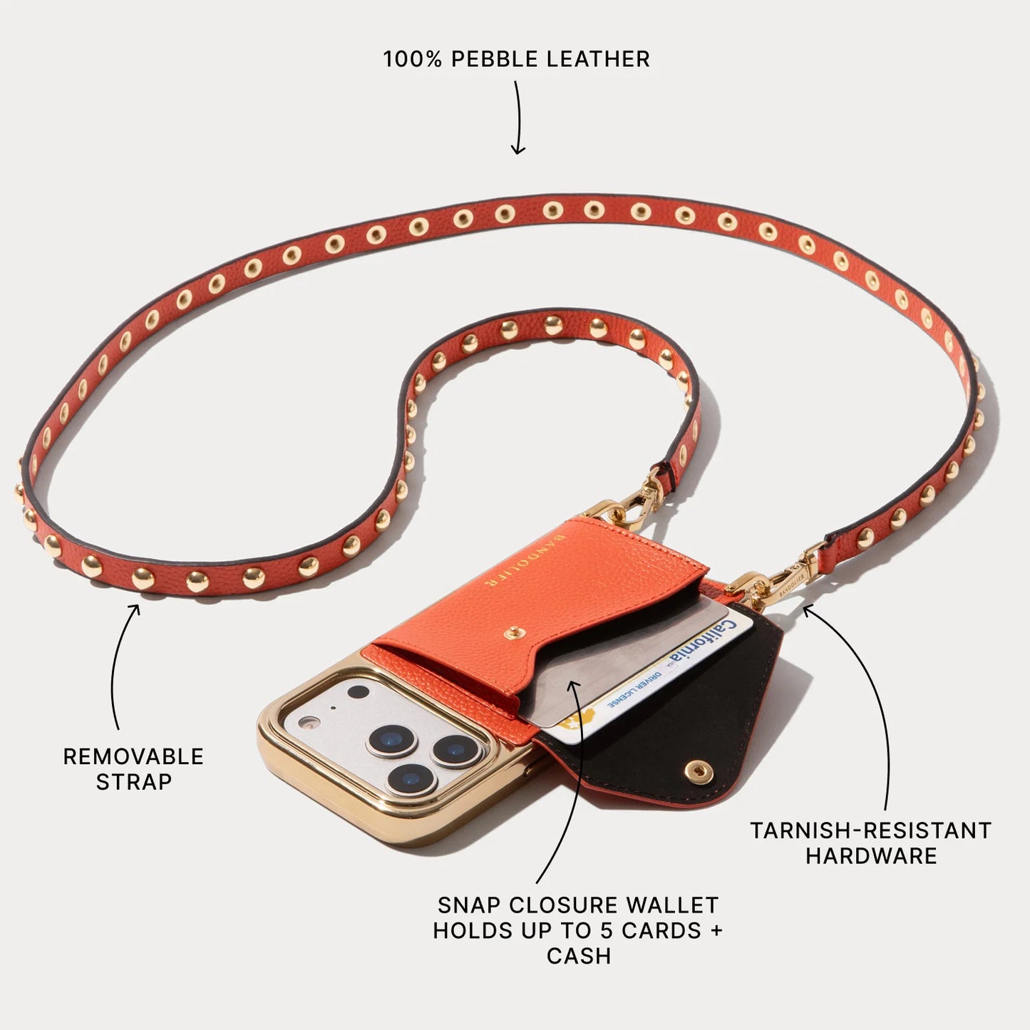 Annie Chrome Pebble Leather Crossbody Bandolier - Orange/Gold