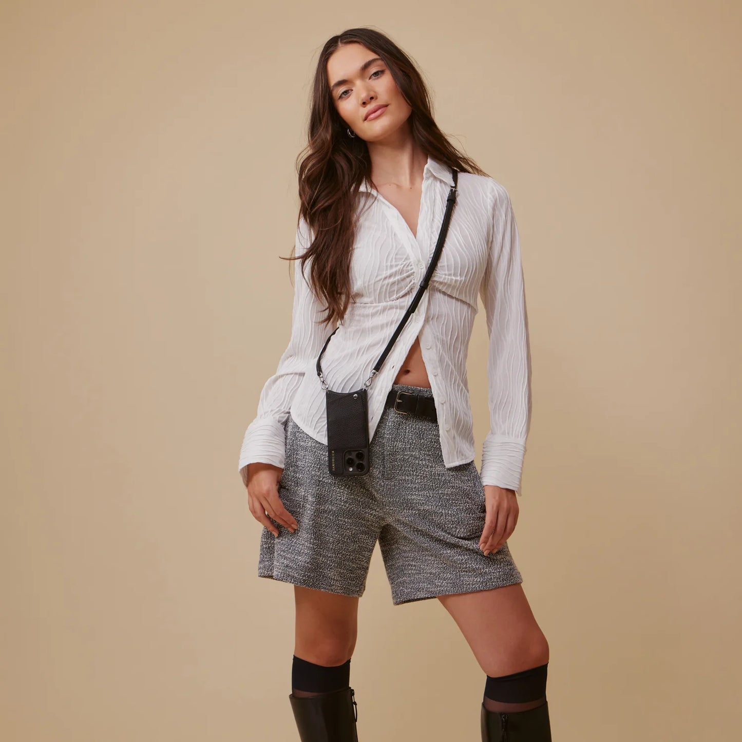 Emma Pebble Leather Crossbody Bandolier - Black/Silver