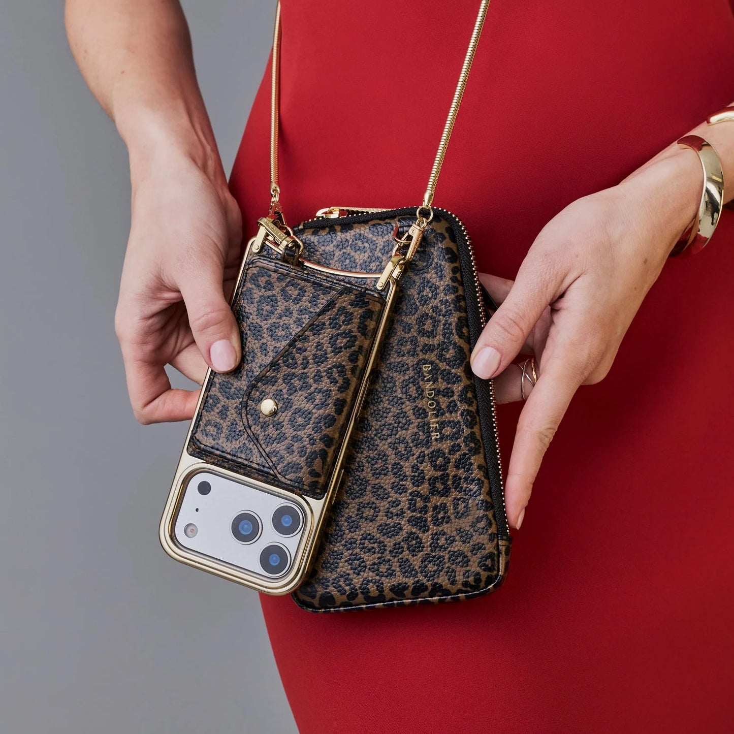 Remi Magnet Wallet Crossbody Phone Case Pouch Set - Dark Leopard/Gold
