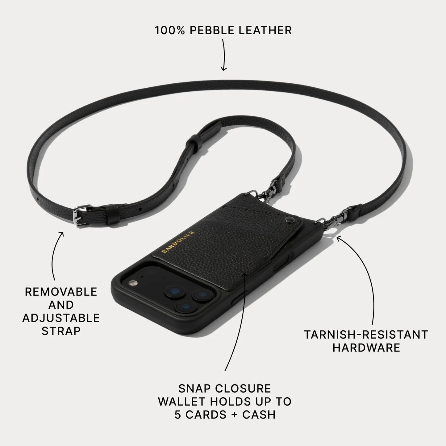 Emma Pebble Leather Crossbody Bandolier - Black/Pewter