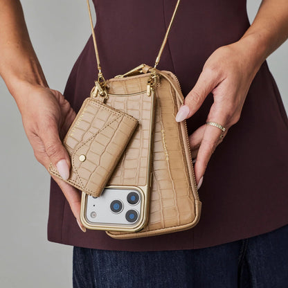 Remi Magnet Wallet Crossbody Phone Case Pouch Set - Tan Croc/Chrome Gold