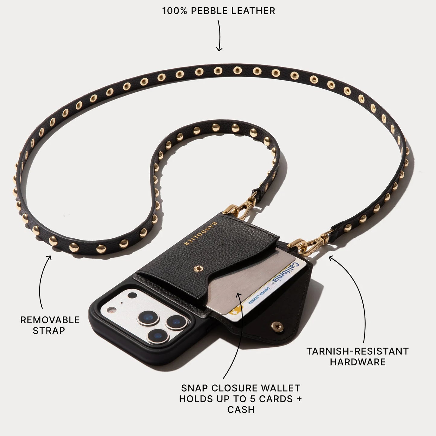 Annie Pebble Leather Crossbody Bandolier - Black/Gold