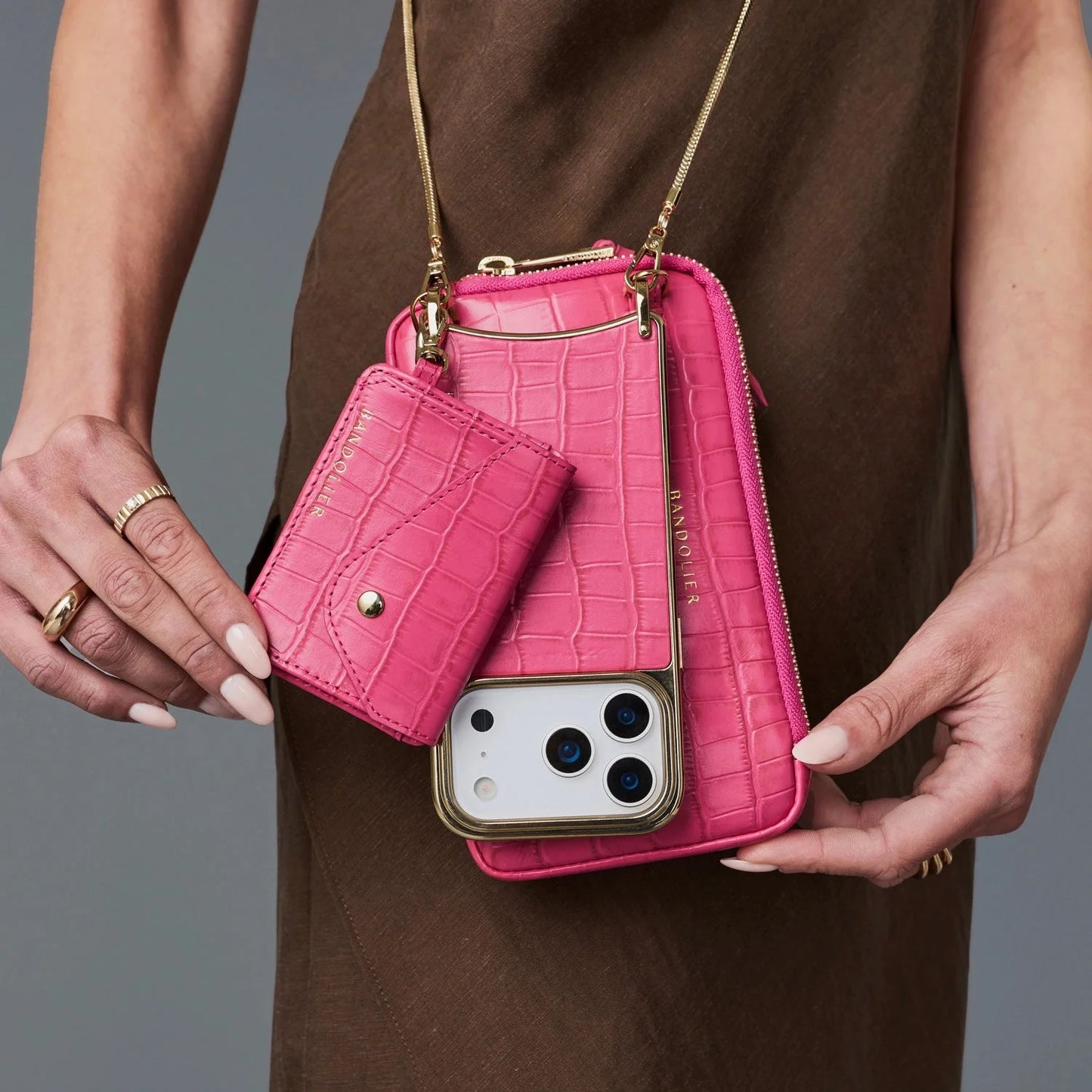 Expanded Zip Pouch - Magenta Croc/Gold